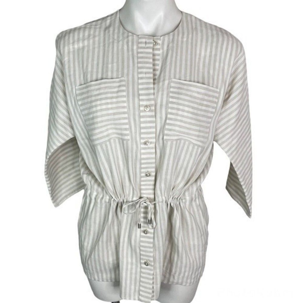 Worth Women's Linen Blend White Tan Stripe Button Up Tunic Size XXS/0